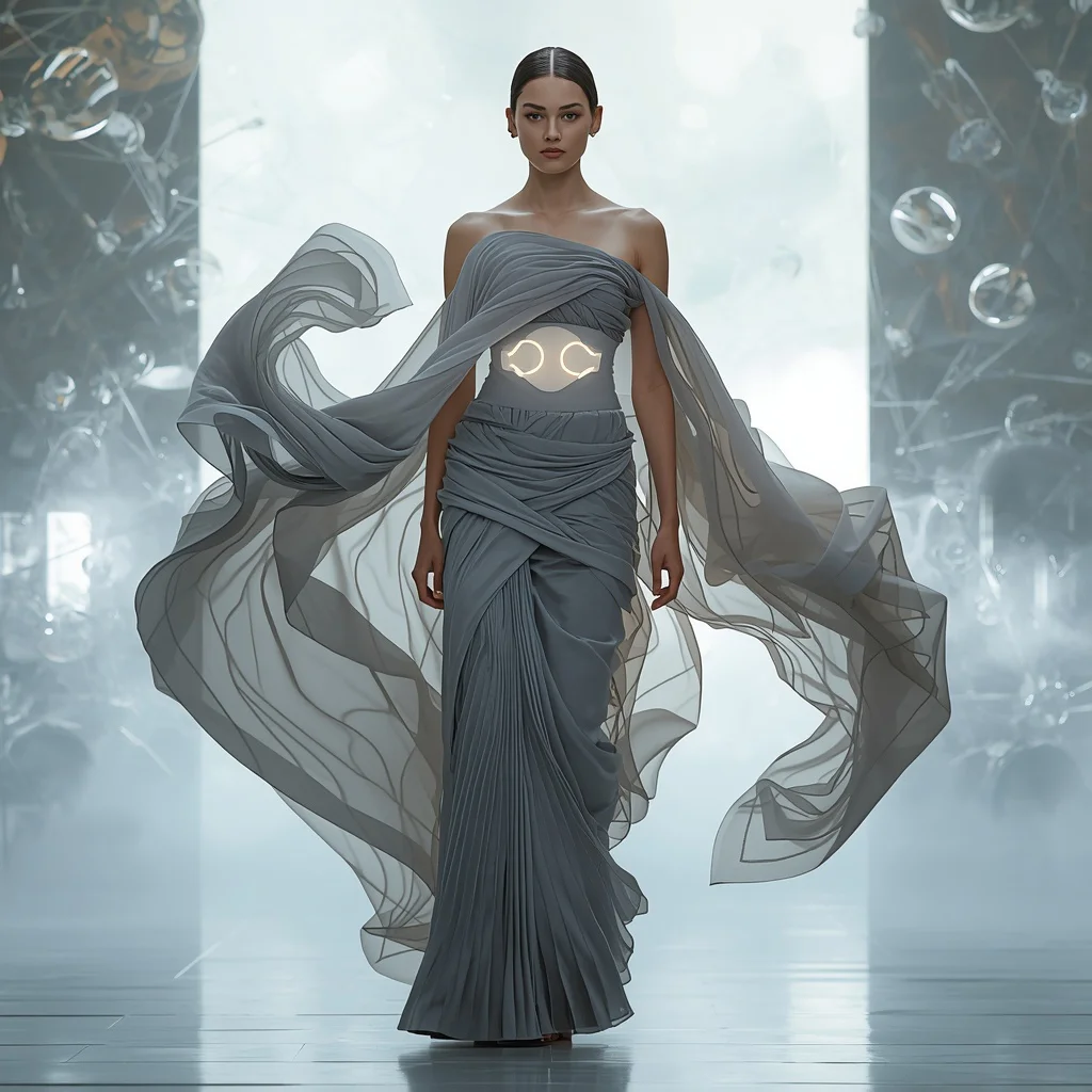Bio Morph Adaptive Saree with Intelligent Living Fabric Transformation Fashion Editorial Concept Look | chatgpt photo editing prompts trending instagram for girl — AI image prompt