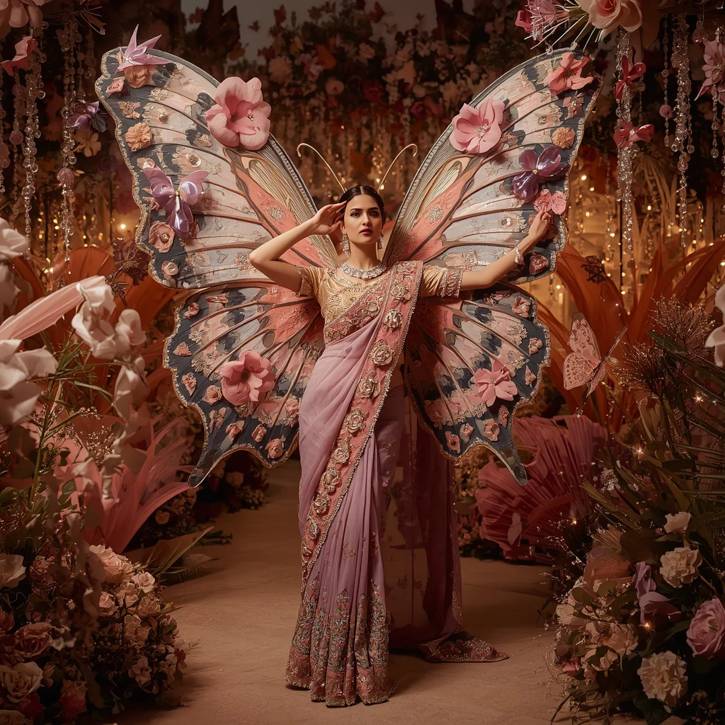 Butterfly Garden Festival Saree with Giant Decorative Floral Wings | prompt for gemini ai girl style trending instagram link — AI image prompt