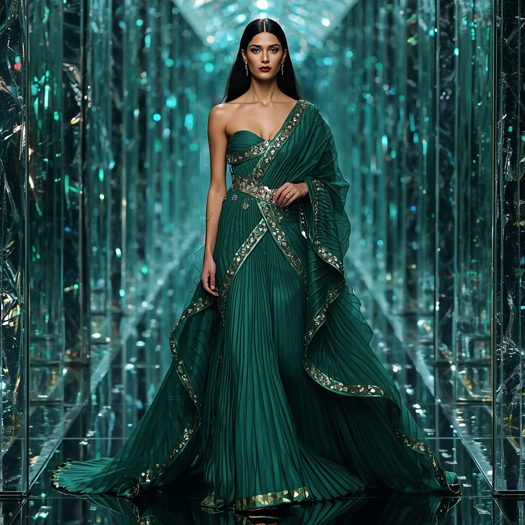 Emerald Titanium Velocity Saree with Holographic Crystal Reflection Galaxy Infinity Corridor | prompt seen trending girl 2026 instagram — AI image prompt