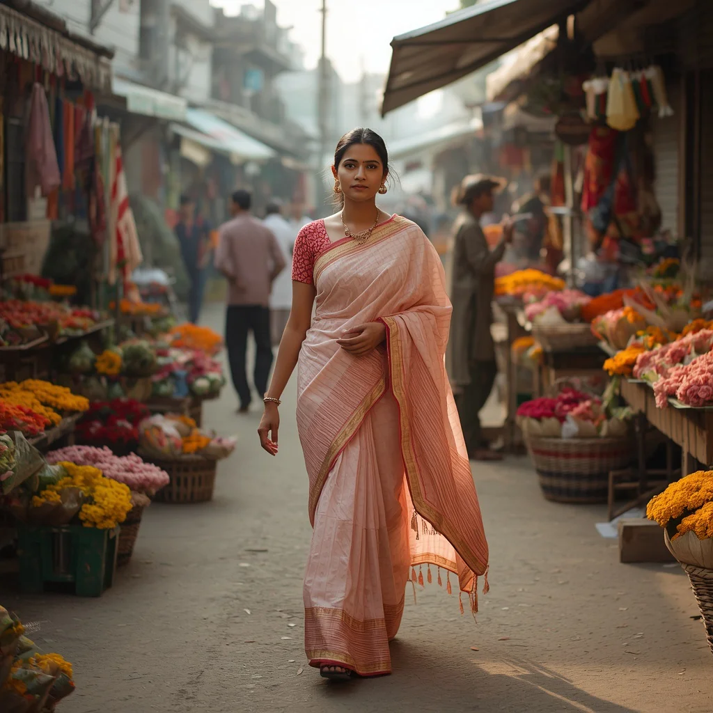 Festive Pastel Saree Real Street Vendor Flower Market Morning Fresh Cultural Documentary Scene | prompt seen trending girl instagram — AI image prompt