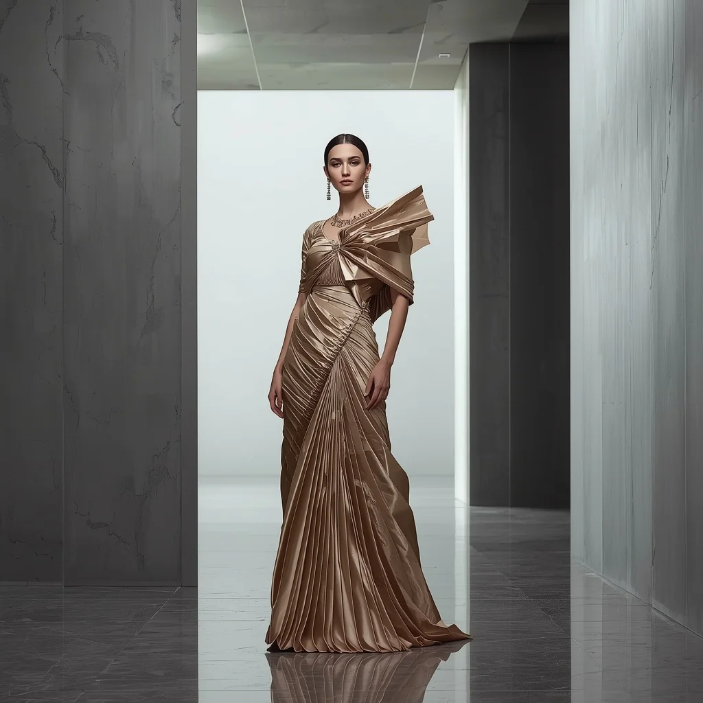 Folded Origami Couture Saree with Minimalist Fashion Architecture | traditional prompt for gemini ai girl instagram — AI image prompt