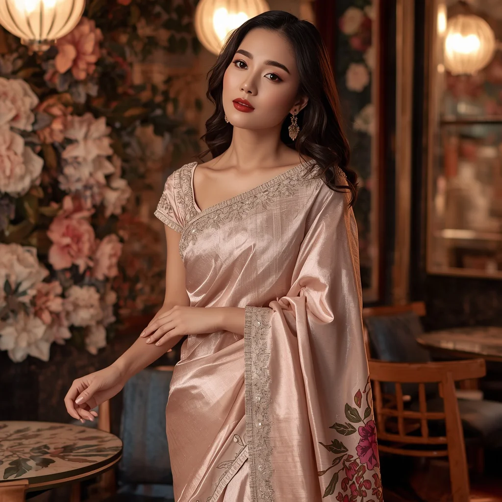 Korean Floral Satin Saree – Soft Luxury Saree with Café Pose and Floral Seoul Terrace Background | instagram trending saree prompt for girl — AI image prompt