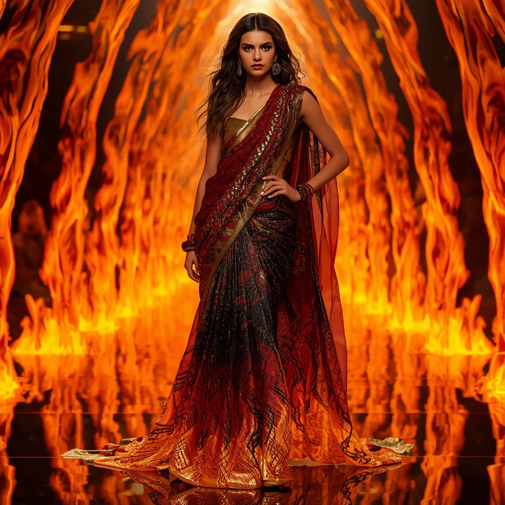 Mirror Flame Cobra Loop Saree with Infinite Fire Singularity Corridor | trending prompt copy paste instagram — AI image prompt