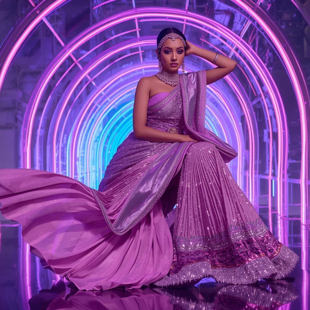 Orchid Aurora Mirage Saree with Neon DNA Crystal Corridors | instagram trending prompt copy and paste — AI image prompt