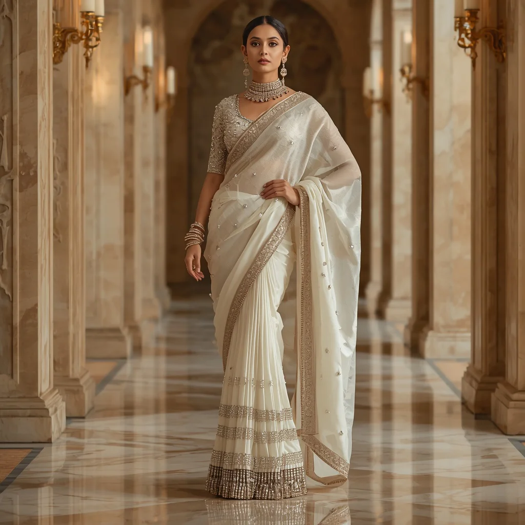 Royal Ivory Crystal Saree Fashion with Beige Marble Corridor Background | chatgpt saree prompt instagram — AI image prompt