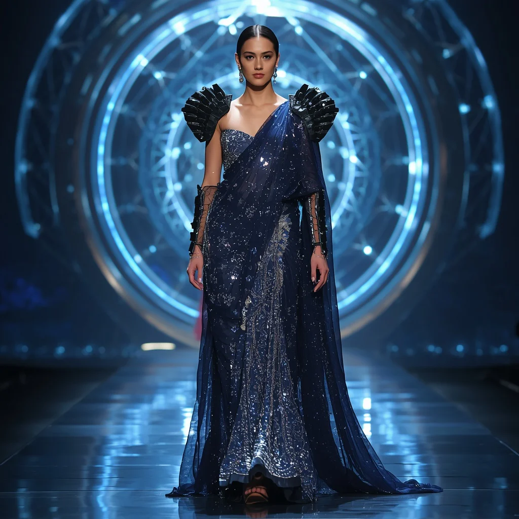 Sapphire Nebula Titan Apex Hypercore Infinity Quantum Armor Saree with Floating Laser Cathedral Sphere Nexus Grid Engine | prompt for gemini ai girl style trending instagram reddit — AI image prompt