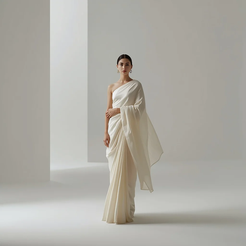 Ultra Minimal Ivory Saree With Floating Silent Studio Infinity Fashion Editorial Concept Scene | prompt for saree look for girl instagram — AI image prompt